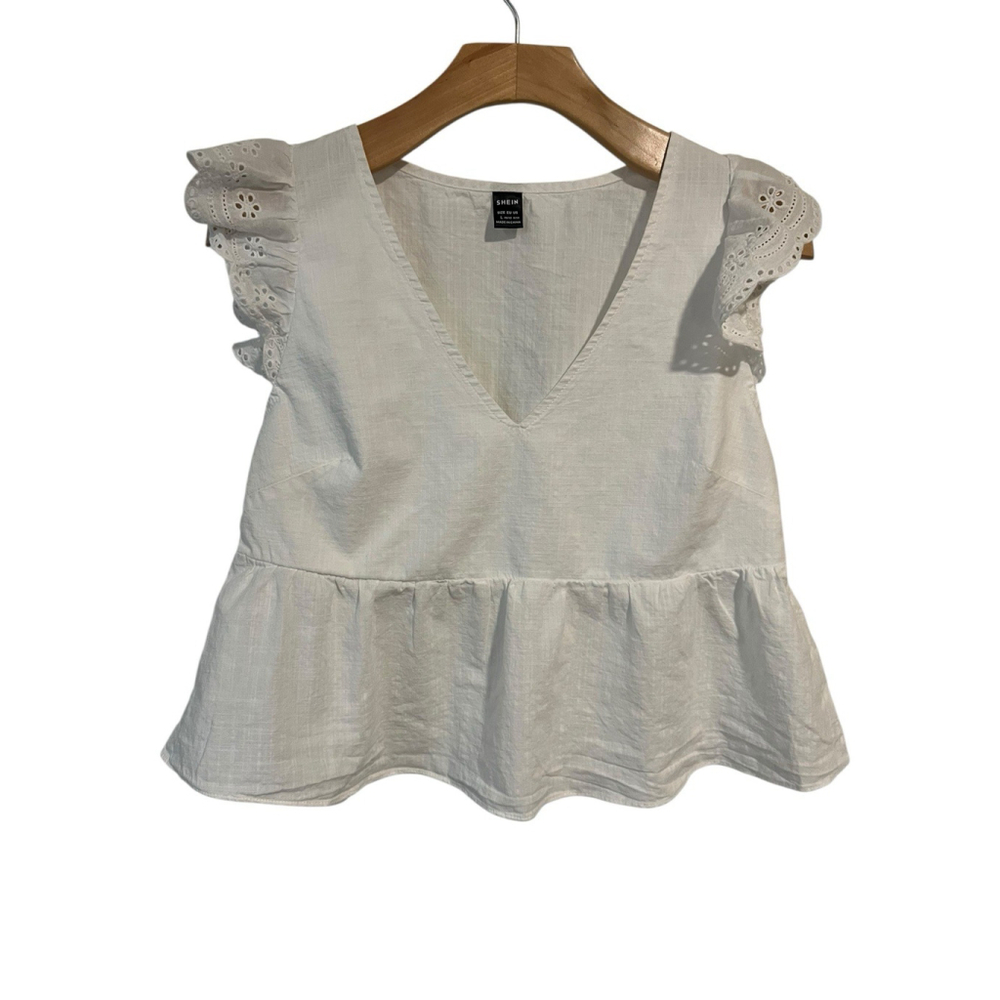 Shein White V-Neck Ruffled Sleeveless Blouse Tank Top Large